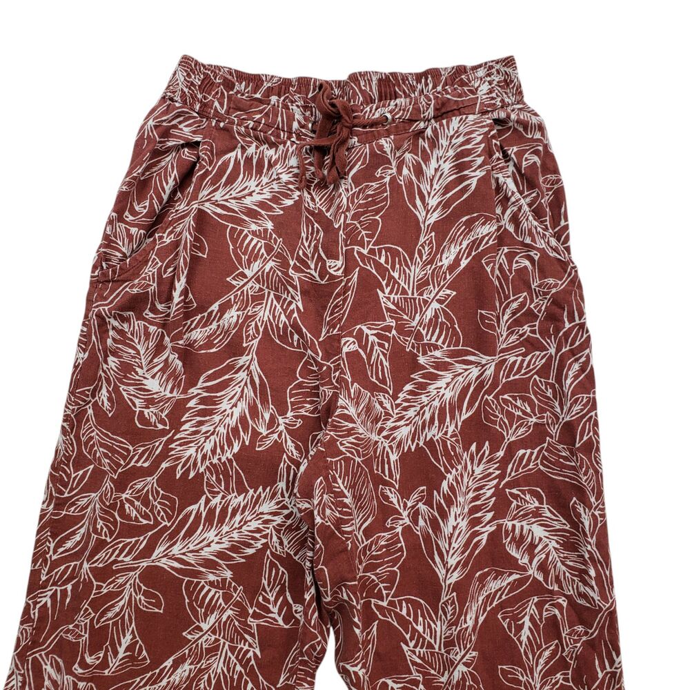 Cathy Linen Blend Pants Womens Small Rust Leaf Print Hawaiian Tropical Raw Hem - Picture 3 of 8
